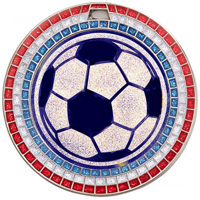 70MM FOOTBALL RED,WHITE AND BLUE GEM MEDAL - SILVER